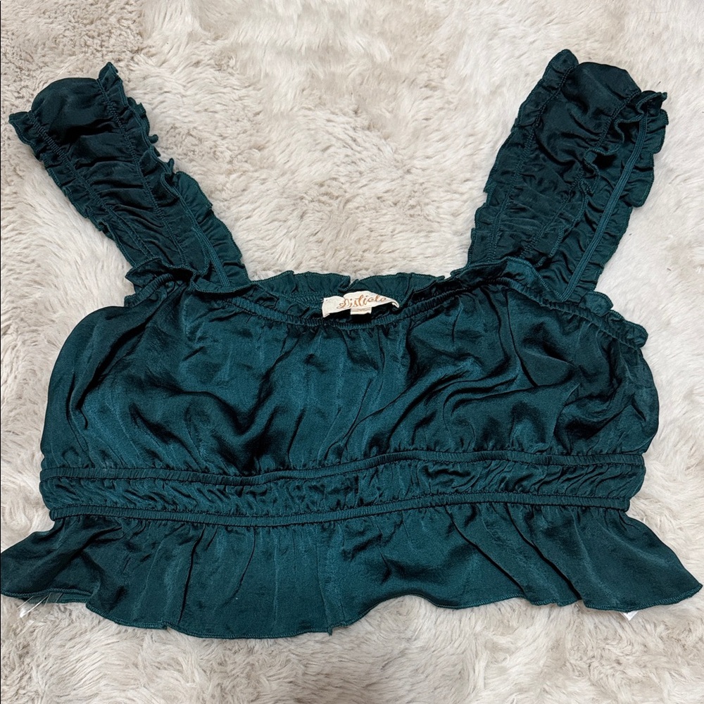 Listicle Teal Ruffle Strap Satin Crop Top